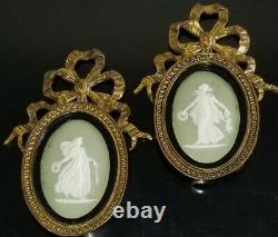 Pair Antique Wedgewood Jasperware Wall Plaque With Bow Bronze Frame Made England