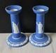 Pair Antique Wedgwood Jasperware Dipped Neoclassical Candlesticks Colbat Blue