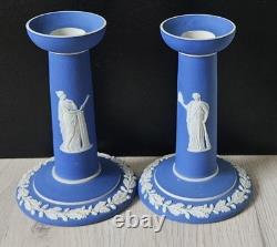 Pair Antique Wedgwood Jasperware Dipped Neoclassical Candlesticks Colbat Blue