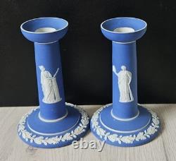 Pair Antique Wedgwood Jasperware Dipped Neoclassical Candlesticks Colbat Blue
