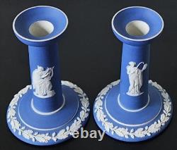 Pair Antique Wedgwood Jasperware Dipped Neoclassical Candlesticks Colbat Blue