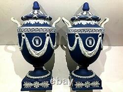 Pair C. 1910 Wedgwood Cobalt Blue Jasperware Urns #174 Hope Of The Anchor