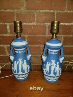 Pair Of Antique Wedgwood Light Blue Jasperware Lamps Work
