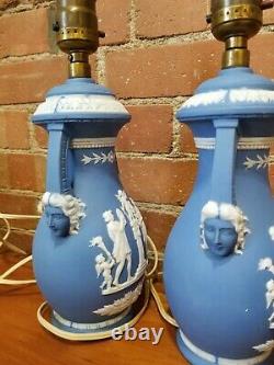 Pair Of Antique Wedgwood Light Blue Jasperware Lamps Work