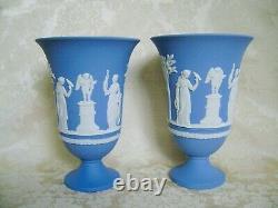 Pair Of Large Wedgwood Blue Jasper Ware 7 1/2 Pedestal Vases