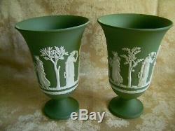 Pair Of Large Wedgwood Sage Green Jasper Ware 7 1/2 Pedestal Vases