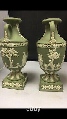 Pair Of Wedgwood Jasper Twin Handled Bolted Trophy Vases 1955 9 High -VGC