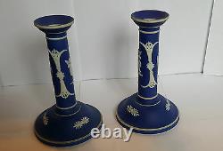 Pair Unusual 19th Century Jasperware Candlesticks 19 cm tall Possibly Wedgwood