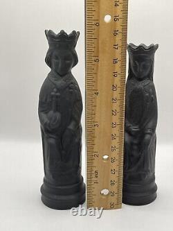 Pair Vintage Wedgwood Black Basalt King Queen Chess Figures Pieces Jasperware