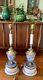 Pair Vtg Wedgwood Blue Jasperware Brass Table Lamps No Shades