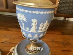 Pair Vtg Wedgwood Blue Jasperware Brass table Lamps No Shades