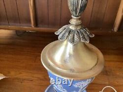Pair Vtg Wedgwood Blue Jasperware Brass table Lamps No Shades