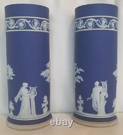 Pair Wedgwood Jasperware Cobalt Blue Spill Vases Large 7.5 Beautiful Ex Cond