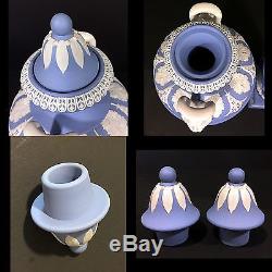 Pair Wedgwood Jasperware Pale Blue/White DANCING HOURS Lidded URNS Handled Vases
