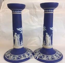 Pair Wedgwood Jasperware Royal Blue 8 1/4 Tall Candlesticks