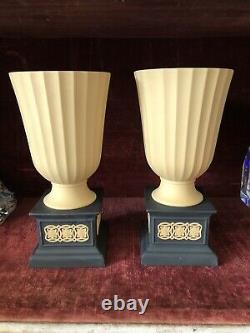 Pair, Wedgwood Library Collection Cane Black JasperWare Minerva Pedestal Vases