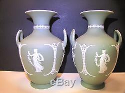 Pair Wedgwood Sage Green Dip Jasper Ware #1533 Shape Vase c. 1900