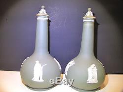 Pair Wedgwood Sage Green Dip Jasper Ware Liqueur Bottles c. 1910