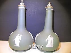 Pair Wedgwood Sage Green Dip Jasper Ware Liqueur Bottles c. 1910