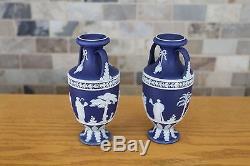 Pair of Antique Wedgwood Cobalt Blue Jasper Ware 6 Muses Trophy Vases (c. 1900)