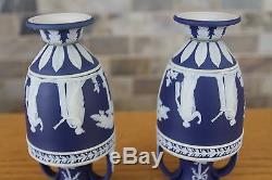 Pair of Antique Wedgwood Cobalt Blue Jasper Ware 6 Muses Trophy Vases (c. 1900)
