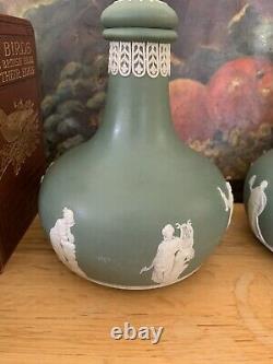 Pair of Antique Wedgwood Sage Green Jasperware Decanters for Humphrey & Taylor