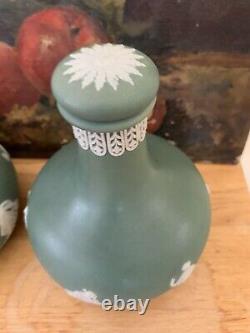 Pair of Antique Wedgwood Sage Green Jasperware Decanters for Humphrey & Taylor