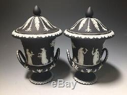 Pair of Petite Wedgwood Jasperware Twin Handled Black Classical Covered Urns