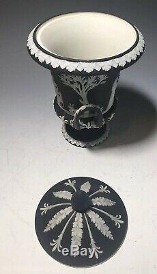 Pair of Petite Wedgwood Jasperware Twin Handled Black Classical Covered Urns