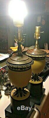 Pair of RARE Wedgwood Jasperware Yellow Buff Black 1930 28 tall Lamps AWESOME