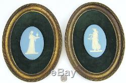 Pair of Vintage Framed Wedgwood White on Blue Jasperware Oval Plaques Medallions