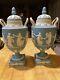 Pair19thc-wedgwood Pale Blue Jasperware 11 Vases Urns Withlid Dancing Hours Nice
