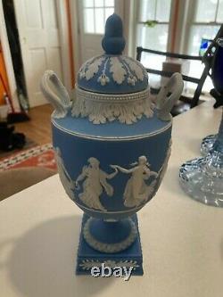 Pair19thC-Wedgwood Pale Blue Jasperware 11 Vases Urns withLid Dancing Hours NICE