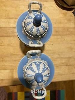 Pair19thC-Wedgwood Pale Blue Jasperware 11 Vases Urns withLid Dancing Hours NICE