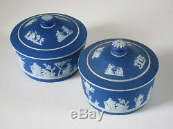 Pr. Antique Wedgwood Cobalt Blue Dip Jasperware Covered 5 Pots c. 1900