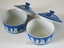 Pr. Antique Wedgwood Cobalt Blue Dip Jasperware Covered 5 Pots c. 1900