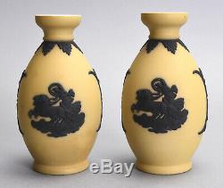Pr English Wedgwood Jasperware Vases 5-1/8 Black on Yellow Classical Vignettes