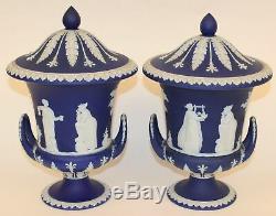 Pr. Large Antique Wedgwood Dark Blue Jasperware Urns Excellent