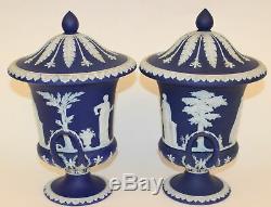 Pr. Large Antique Wedgwood Dark Blue Jasperware Urns Excellent