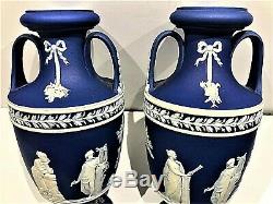 RARE 6 C. 1891 Wedgwood JASPER WARE PORTLAND BLUE Trophy Vase Pair MINT