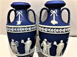 RARE 6 C. 1891 Wedgwood JASPER WARE PORTLAND BLUE Trophy Vase Pair MINT