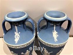 RARE 7 C. 1867/68 Wedgwood Blue Jasperware Urn Trophy Vase Pair MINT