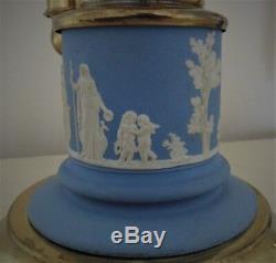 RARE Pair Antique Argand Lamps Blue Wedgwood Jasperware & Brass Wedding Motif