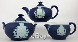RARE WEDGWOOD Dk Blue Jasperware DOMINION OF CANADA Tea Set Sugar Creamer Teapot