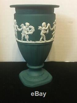 RARE Wedgwood Spruce Green TEAL Jasperware Footed Urn Vase with Cherubs 4 3/4T