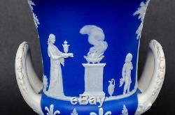 Rare 1867 Wedgwood Dark Blue Jasperware Campana Vase with WHITE Handles