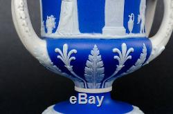 Rare 1867 Wedgwood Dark Blue Jasperware Campana Vase with WHITE Handles