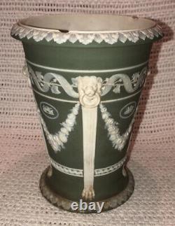 Rare Antique 1870s Wedgwood Green Jasperware Monopodia Vase Lion Heads 1184 READ