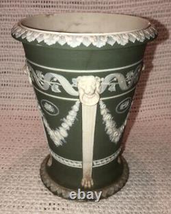 Rare Antique 1870s Wedgwood Green Jasperware Monopodia Vase Lion Heads 1184 READ