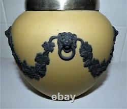 Rare Antique Buff & Black Wedgwood Jasperware Flower Vase Lion Mask & Vine Leaf
